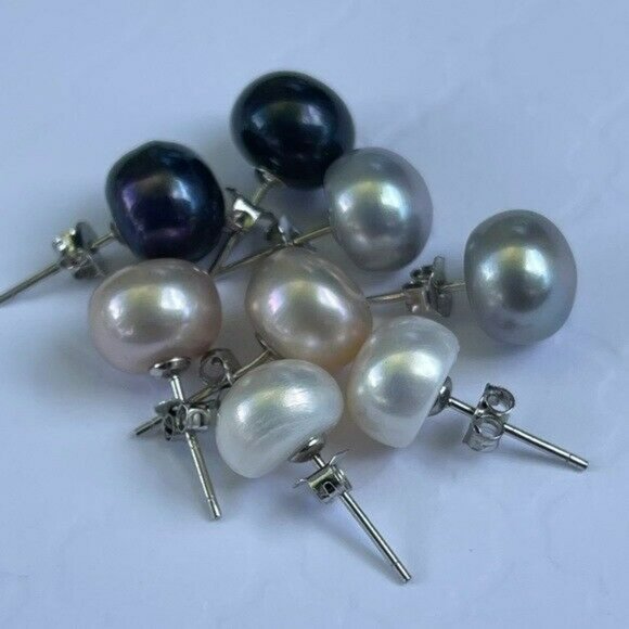 NEW 925 Sterling Silver Real 9 mm  Gray Cultured Freshwater Pearl Stud Earrings - Picture 11 of 11